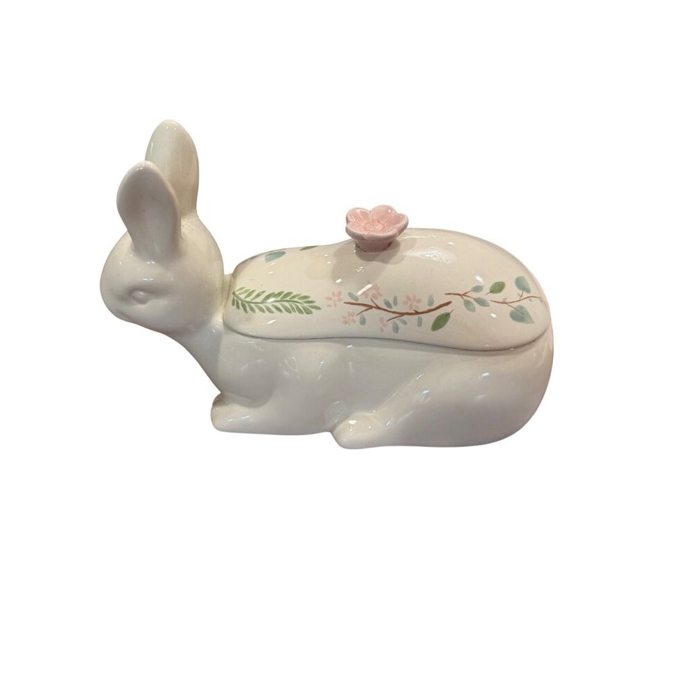 White Ceramic Bunny Covered Dish/ Trinket Box-Candy Dish